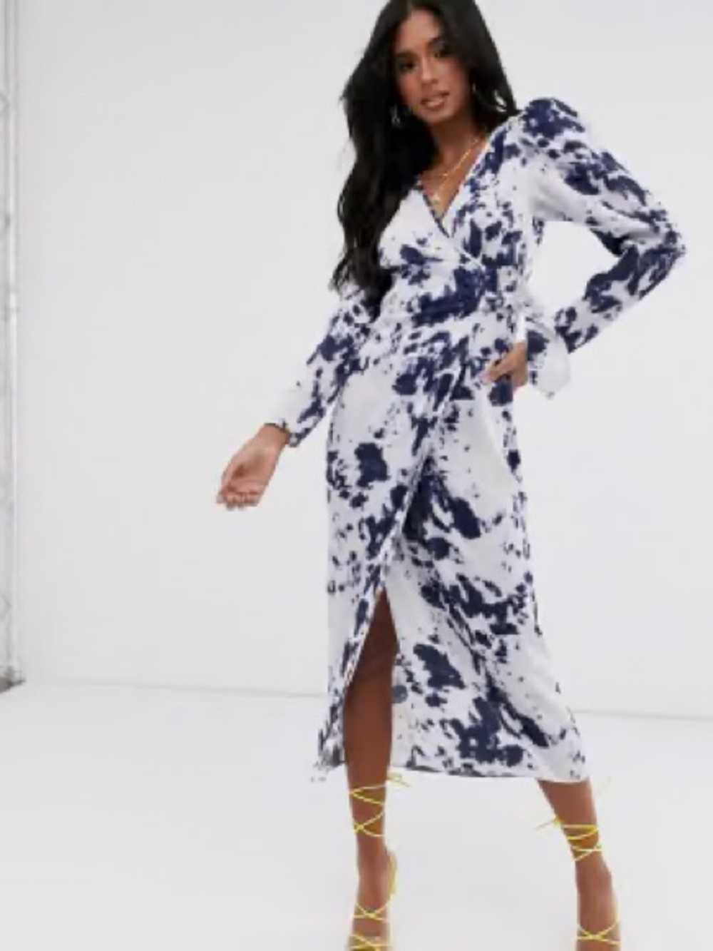 ASOS Navy White Tie Dye Velvet Wrap Midi Dress US 2 NWT